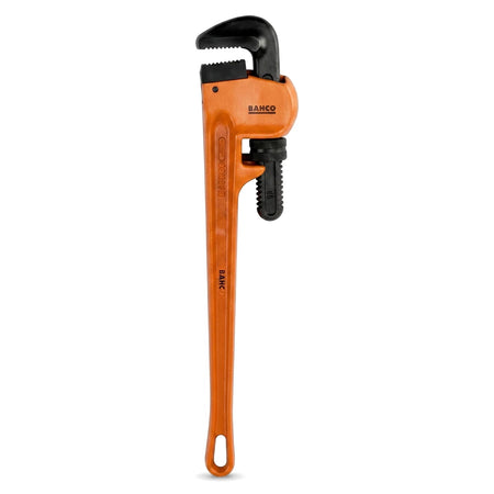 Orange and black 24-inch (600mm) pipe wrench, a heavy-duty plumbing tool, standing upright on a white background.