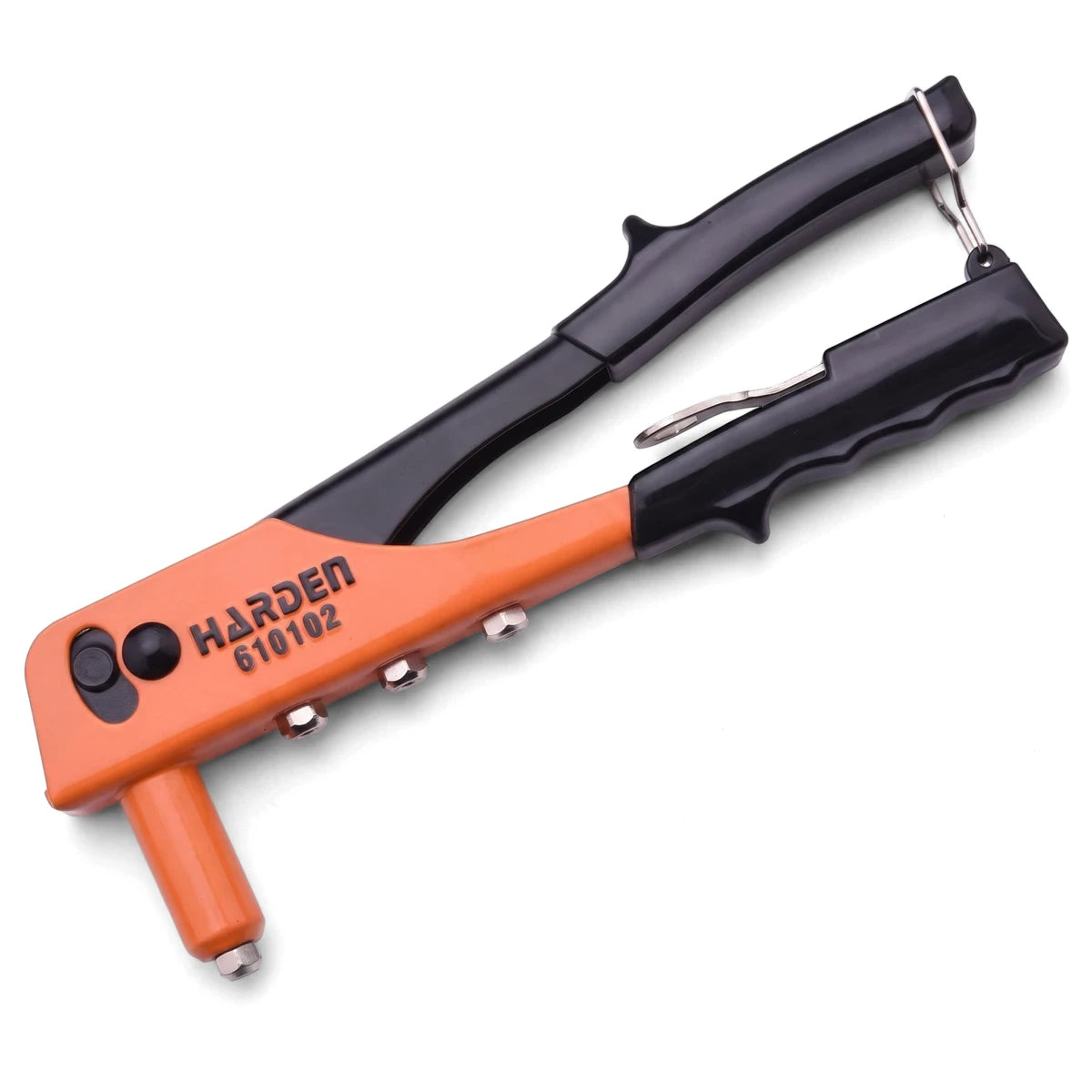 Orange and black 9.5-inch (240mm) metal hand riveter tool for fastening rivets on a white background.
