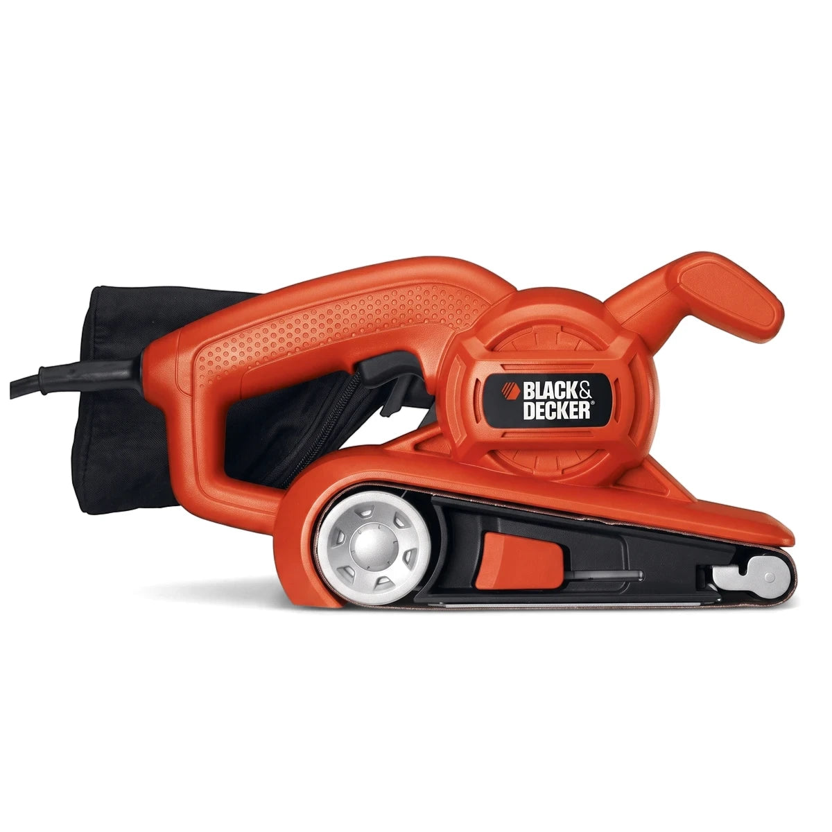 Orange Black & Decker 700W electric belt sander with a black dust bag, shown from a side view.