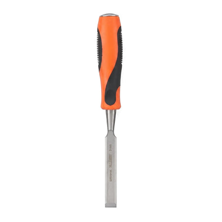 Orange and black handle 10mm wood chisel for carpentry and woodworking projects, displayed vertically.