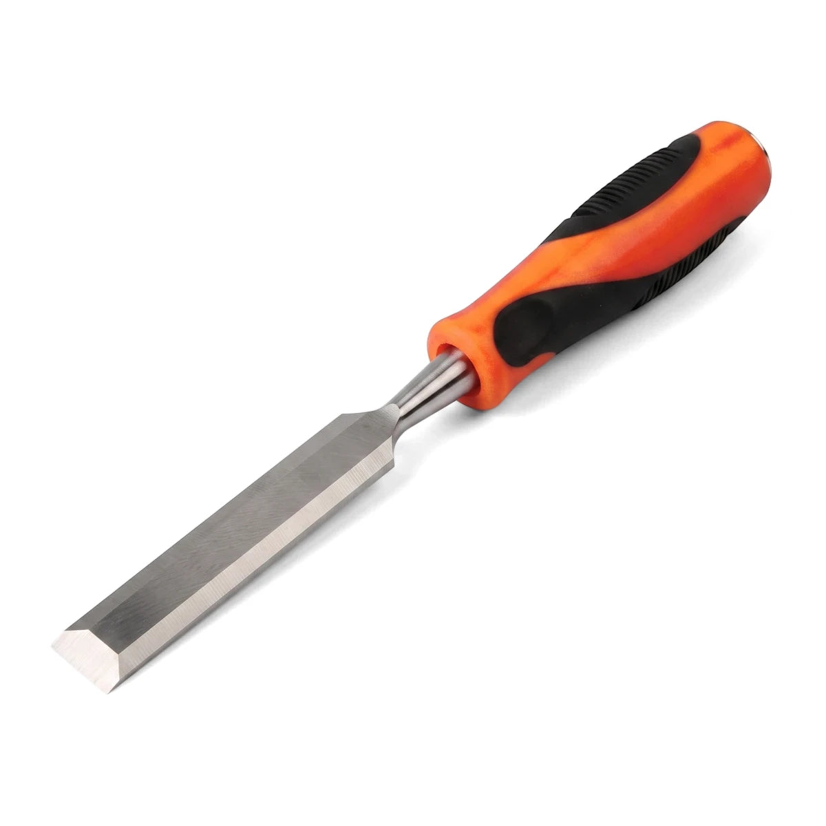 Orange and black handle 19mm wood chisel with a sharp metal blade, viewed from an angled perspective. A sturdy hand tool for