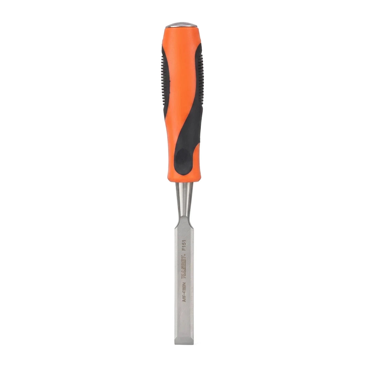 Orange and black handle wood chisel with a sharp metal blade, 13mm size, designed for carpentry and woodworking.