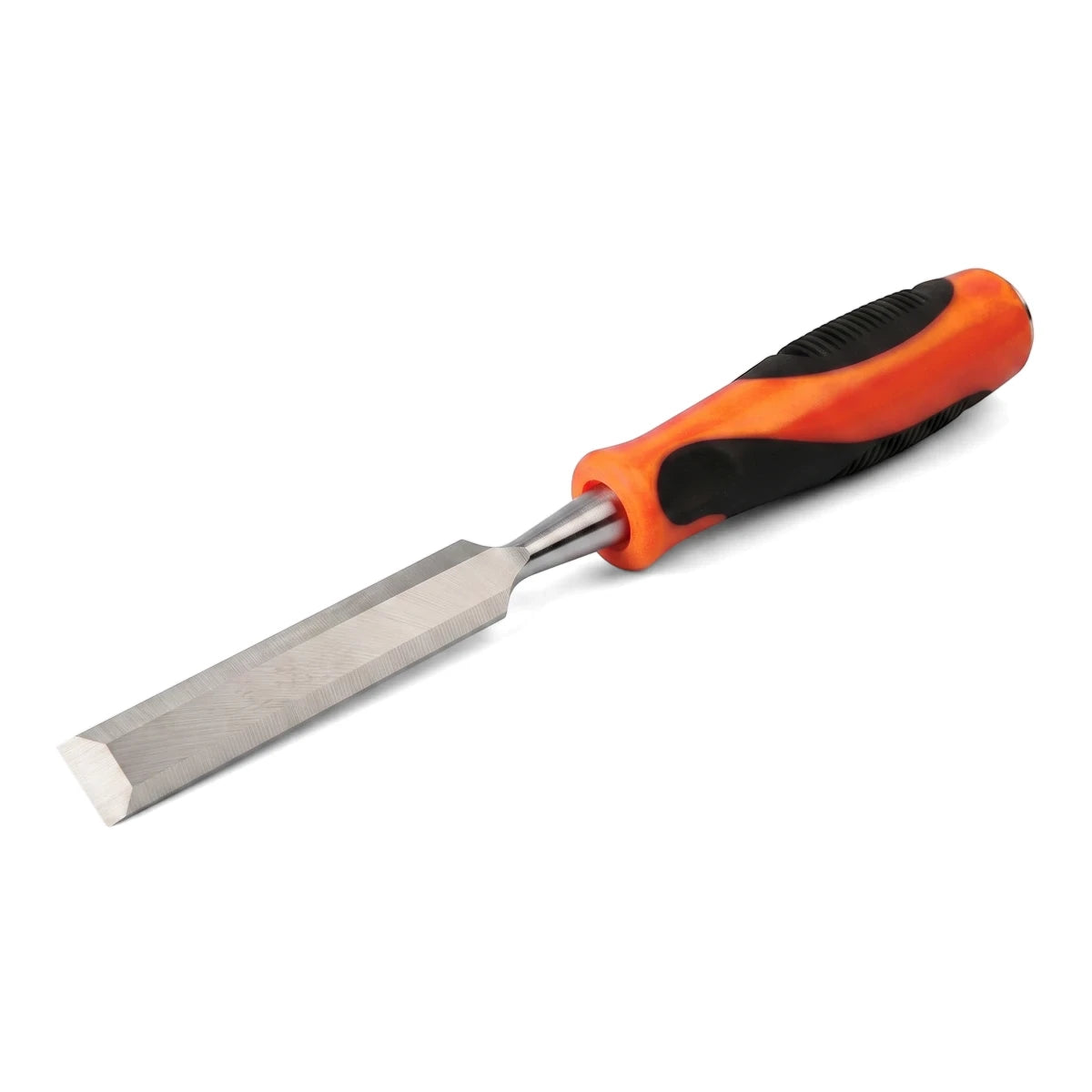 Orange and black handle wood chisel with a sharp metallic blade, a versatile hand tool for woodworking projects.