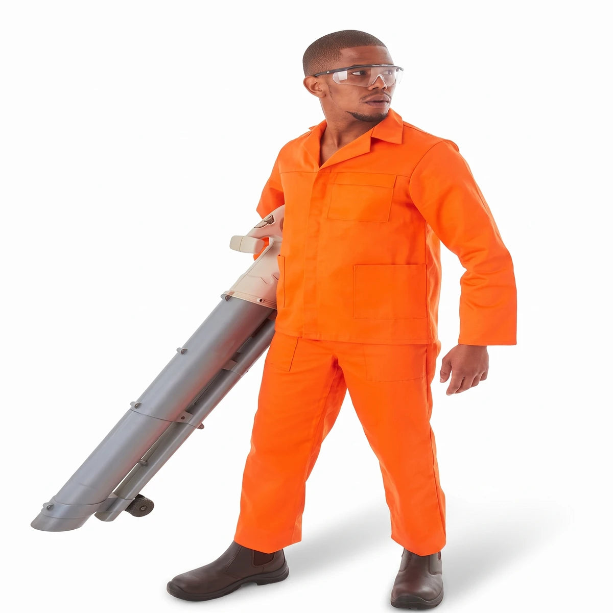 Man wearing an orange Conti suit with safety glasses, holding a grey and beige leaf blower, full body view.