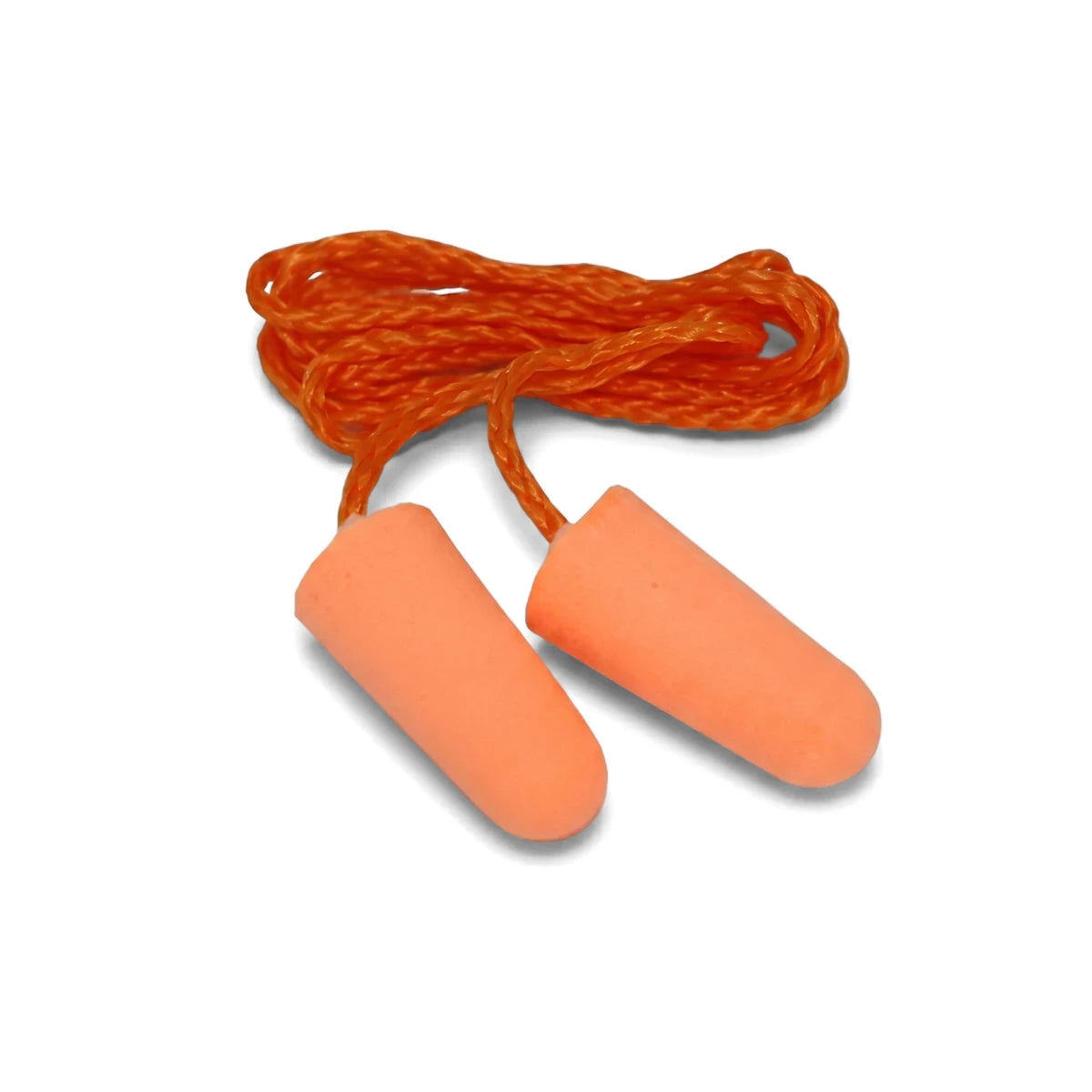 Orange corded foam earplugs, designed for hearing protection, displayed against a white background.