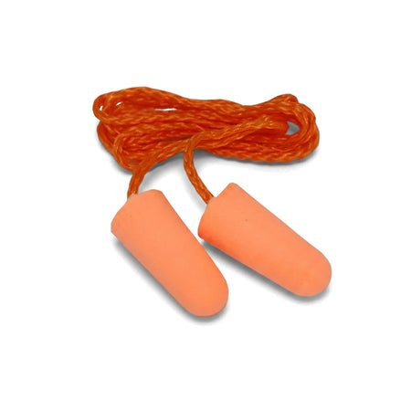 Orange corded foam earplugs, designed for hearing protection, displayed against a white background.