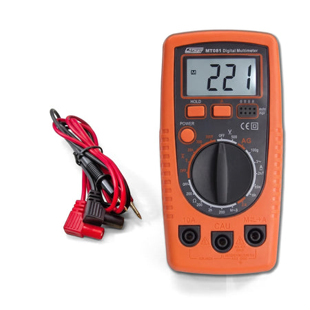Orange digital multimeter with a red and black DIY meter lead set for electrical testing, displayed on a white background.