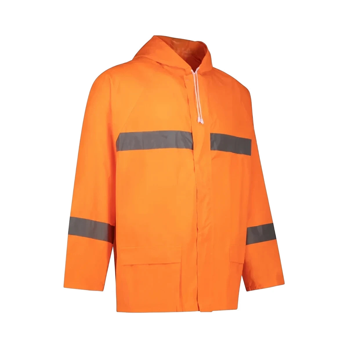 Orange rubberized hi-vis reflective rain jacket with a hood and front pockets, displayed from a three-quarter view.