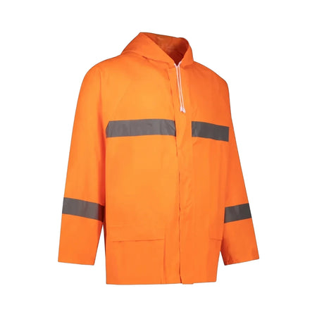 Orange rubberized hi-vis reflective rain jacket with a hood and front pockets, displayed from a three-quarter view.