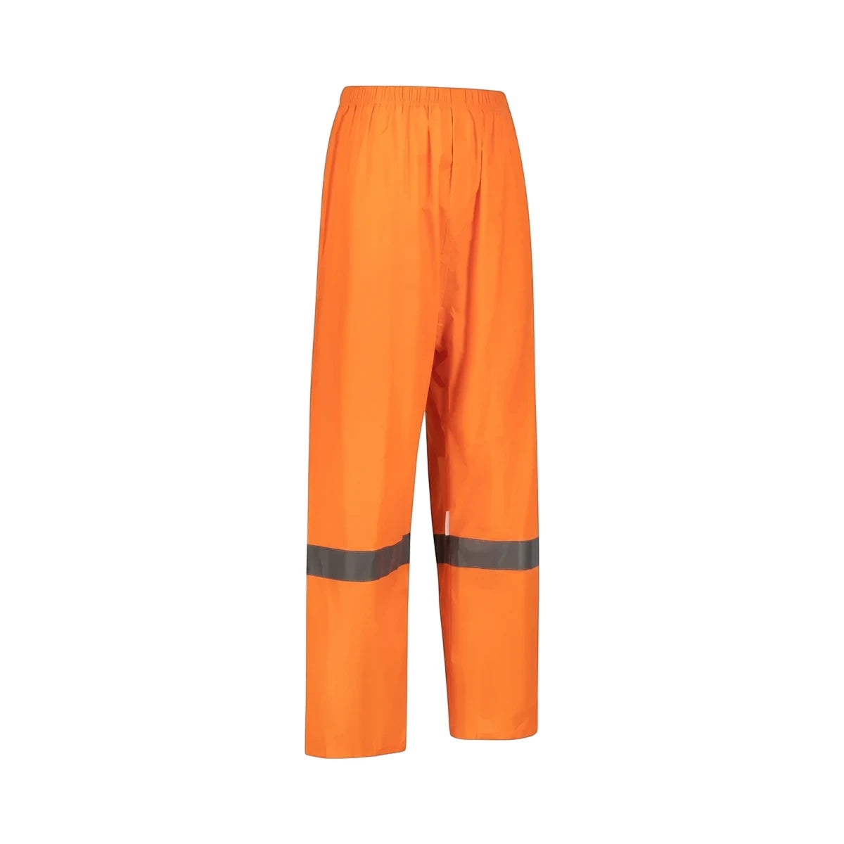 Orange rubberized hi-vis reflective rain pants, viewed from the front, standing upright.
