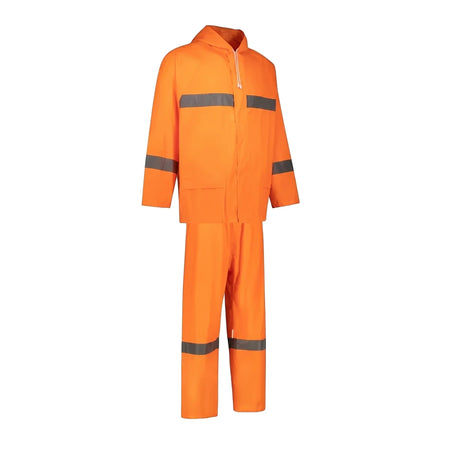 Orange rubberized hi-vis reflective rain suit, front view, designed for visibility and weather protection.