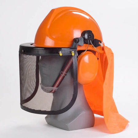Orange safety helmet with attached ear muffs and a black mesh face shield, displayed on a grey mannequin head.