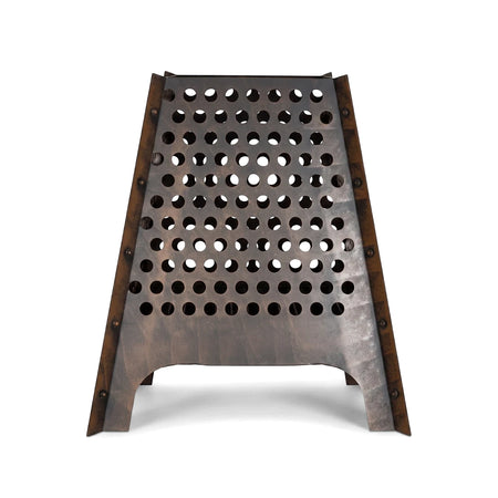 Dark metal Osiris outdoor fire basket with a perforated, A-frame design, viewed from the front on a white background.