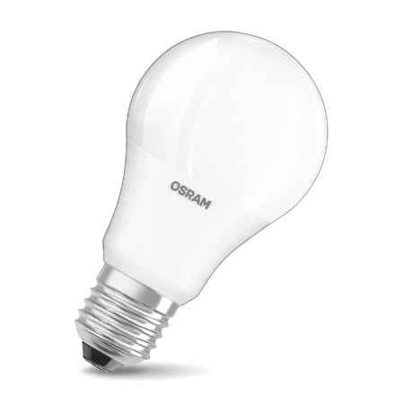 White Osram LED ECO CLASSIC A E27 3000K 5W light bulb, angled, showcasing its frosted finish and metallic screw base.