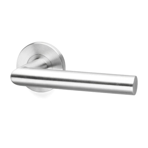 Brushed stainless steel Oulu On Rose Handle with a cylindrical lever and circular rose plate viewed from the front.