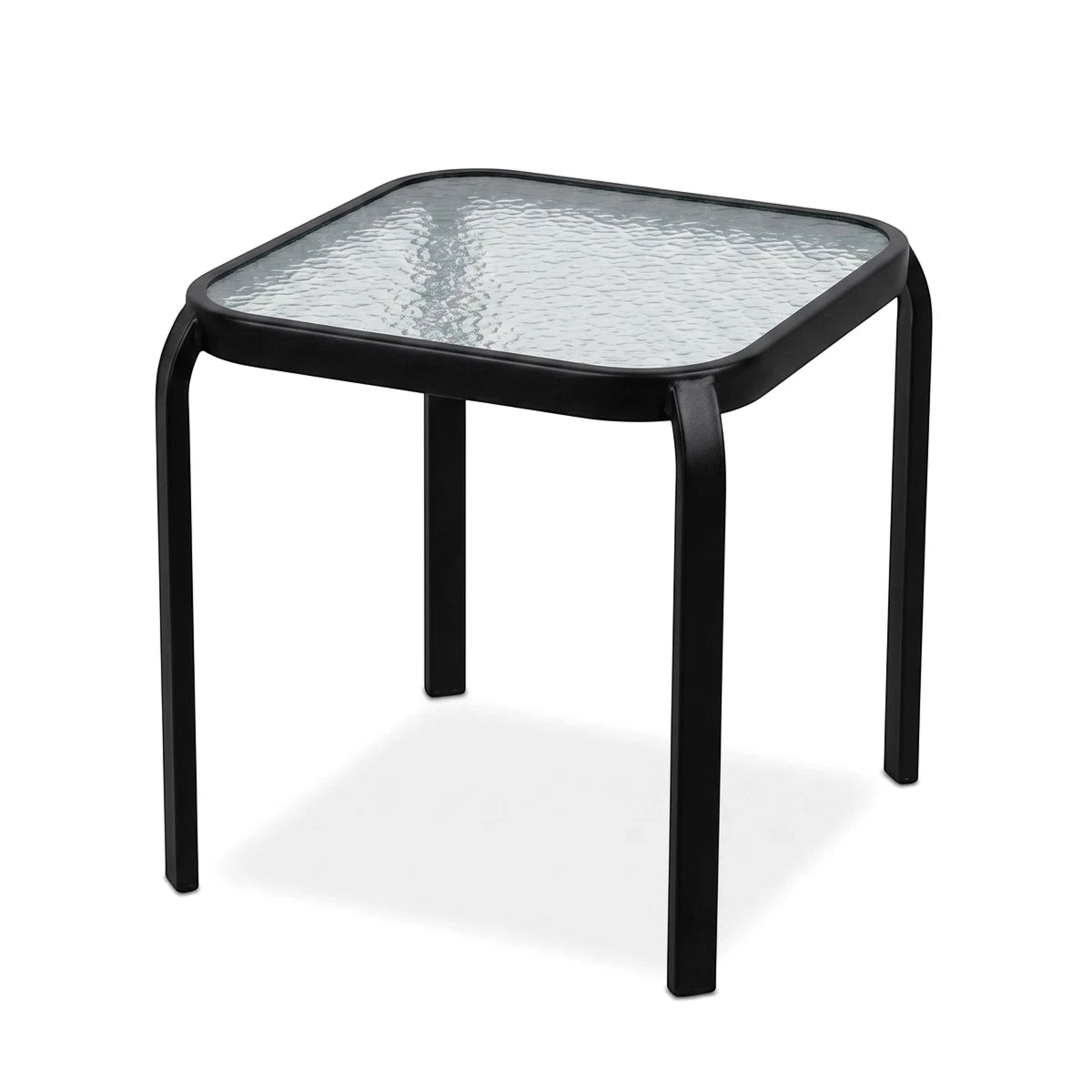 Graphite outdoor bistro table with a black metal frame and square textured glass top, shown from a slightly elevated