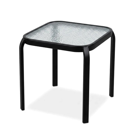 Graphite outdoor bistro table with a black metal frame and square textured glass top, shown from a slightly elevated