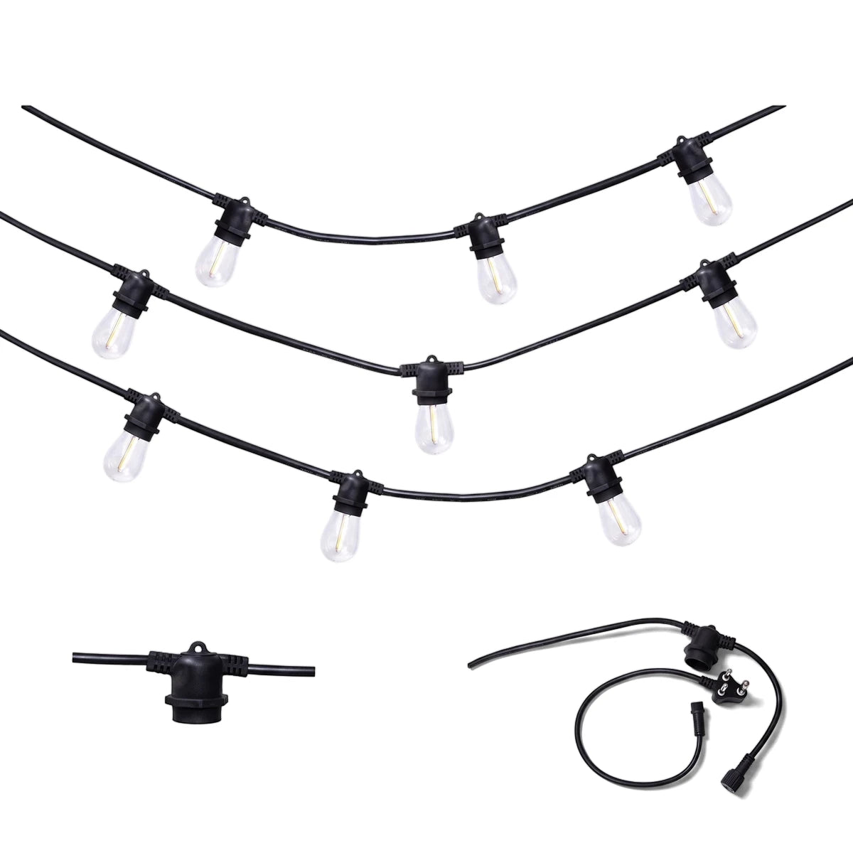 Outdoor LED string lights with black cord and ten clear ST14 filament bulbs, designed for patio or garden use.