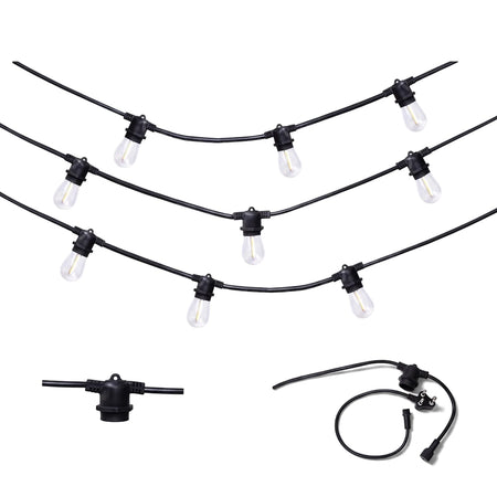Outdoor LED string lights with black cord and ten clear ST14 filament bulbs, designed for patio or garden use.