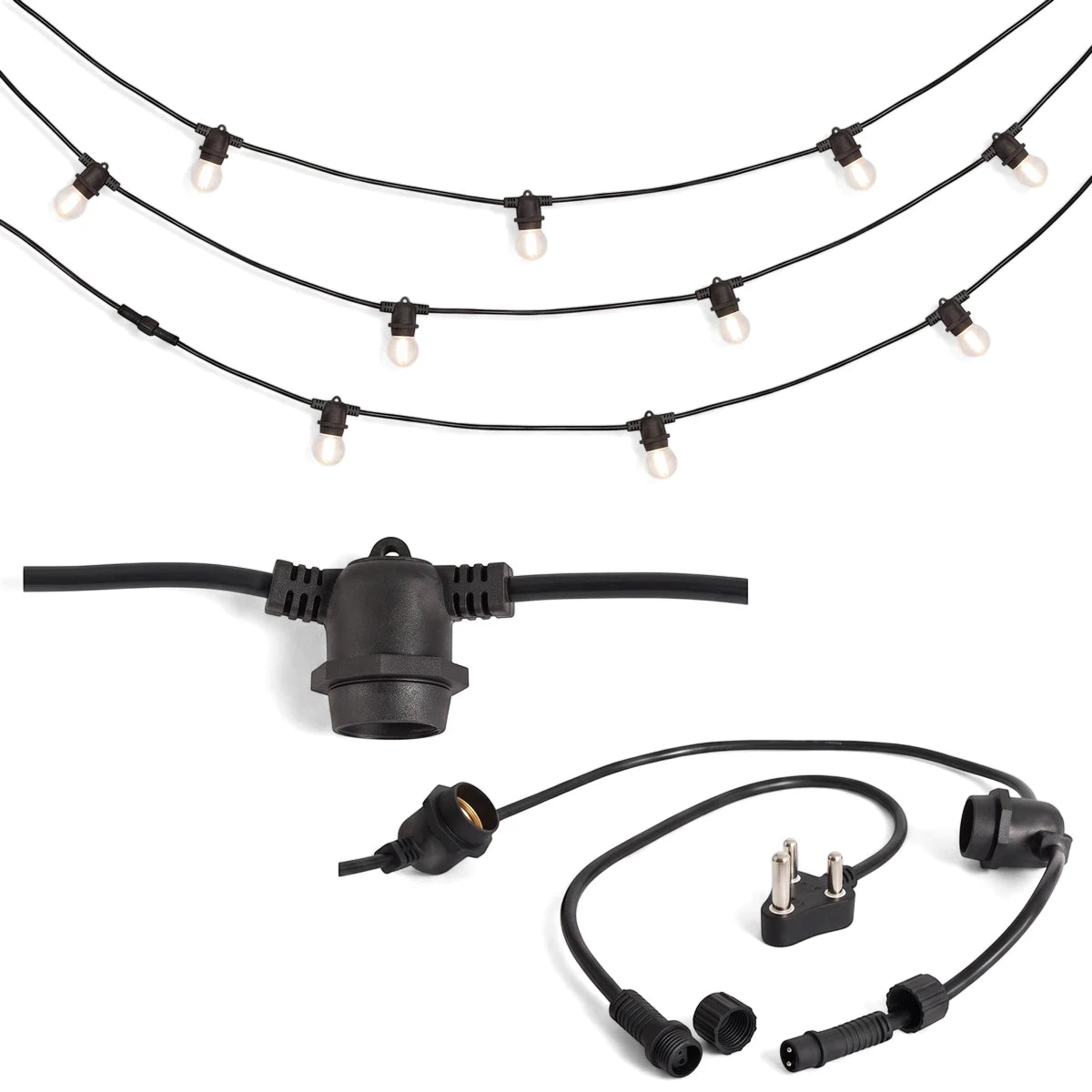 Outdoor Led String Lights with 10 Edison Screw Sockets and connectors on a white background.