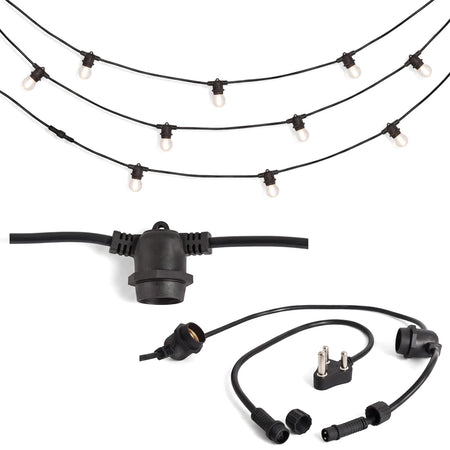 Outdoor Led String Lights with 10 Edison Screw Sockets and connectors on a white background.
