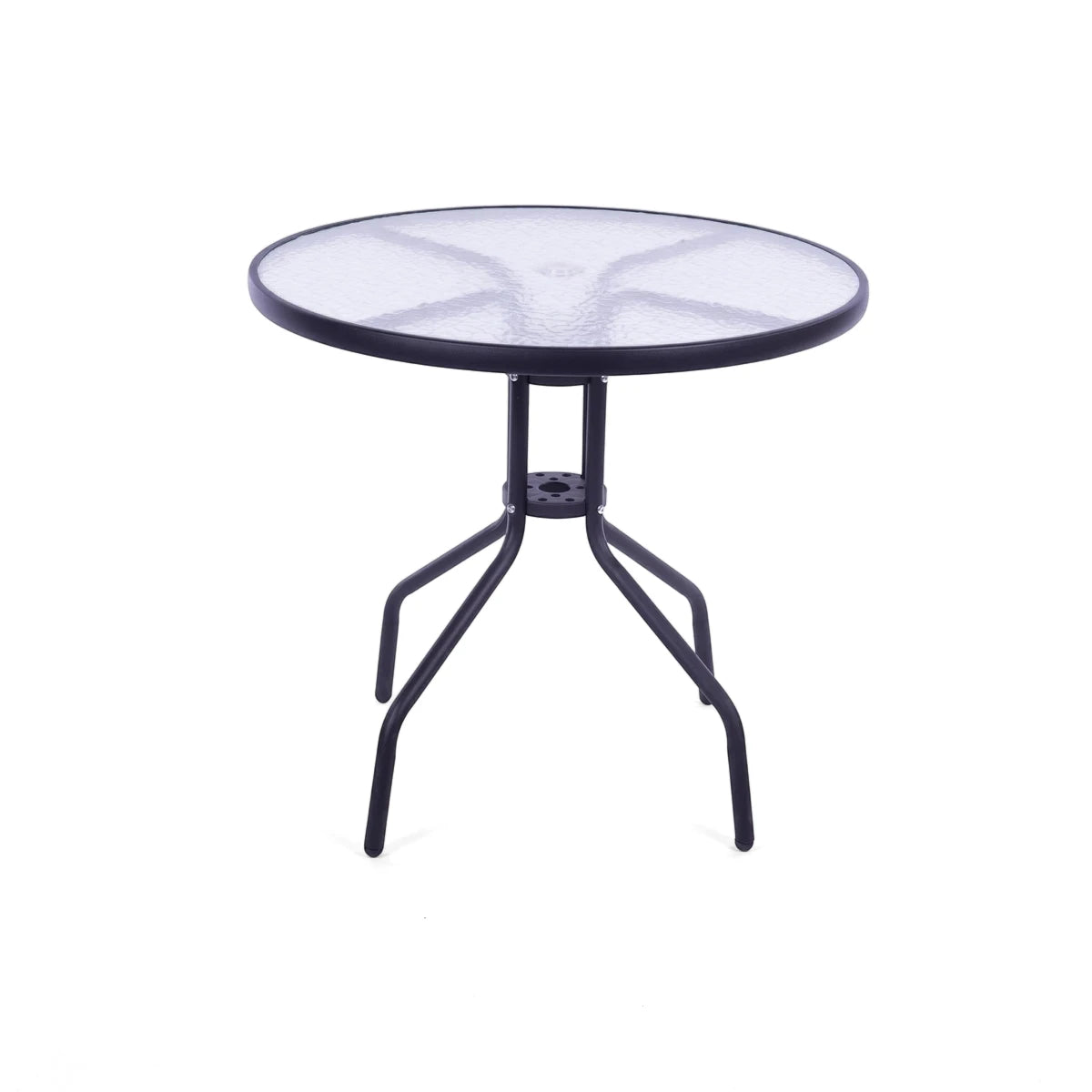 Round 60cm graphite outdoor patio table with a clear glass top and black metal tripod legs.