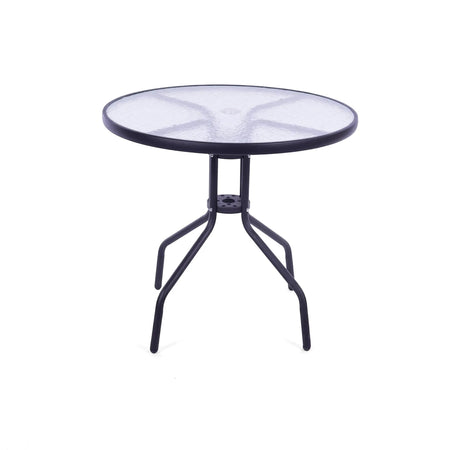Round 60cm graphite outdoor patio table with a clear glass top and black metal tripod legs.