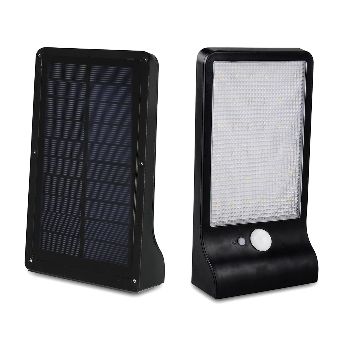 Matt black outdoor solar LED lights with motion sensors, one showcasing the solar panel and the other its LED array.