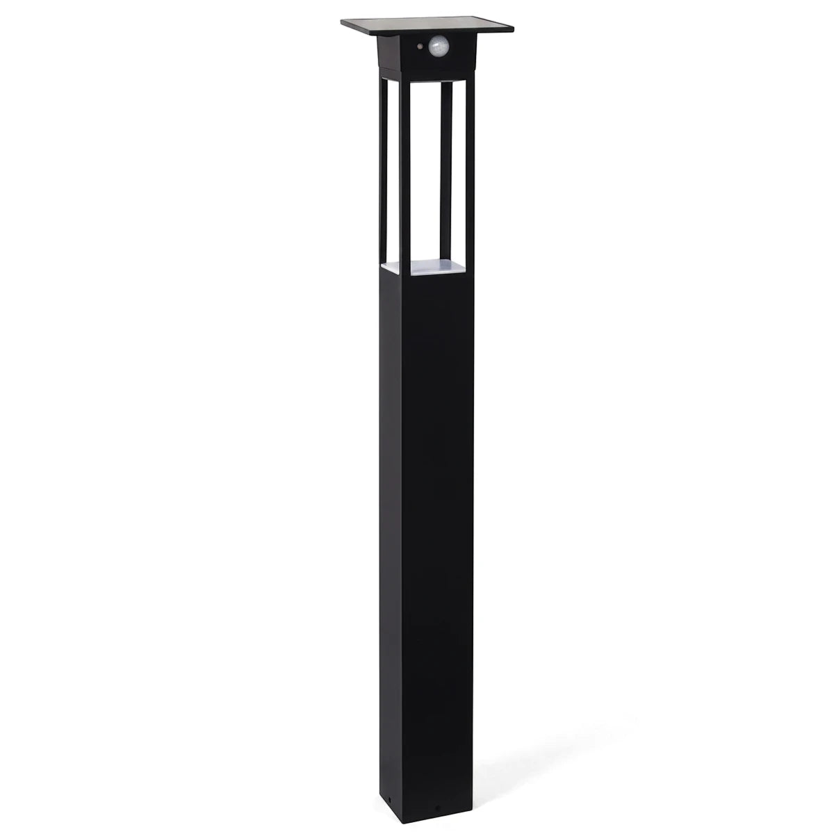 Black outdoor solar LED sensor pillar floor lamp providing efficient and sustainable illumination for pathways and gardens.
