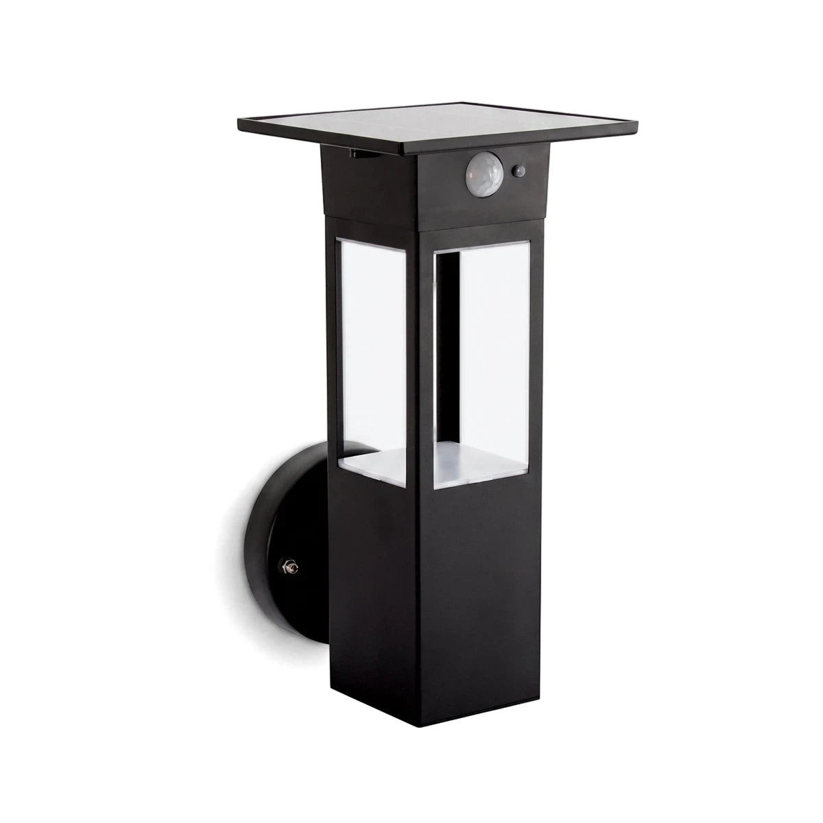 Rectangular matt black outdoor solar LED sensor wall lamp with a square solar panel and motion sensor on a white background.