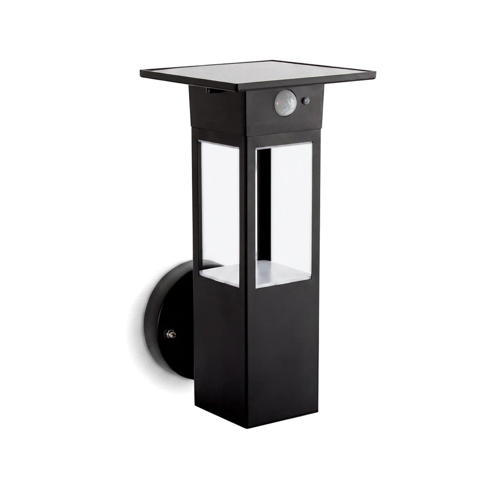 Rectangular matt black outdoor solar LED sensor wall lamp with a square solar panel and motion sensor on a white background.