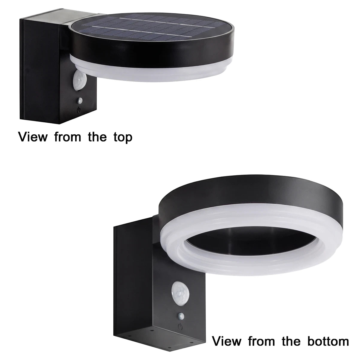 Matt black outdoor solar LED sensor wall lamp, shown from top and bottom views, featuring a circular light, solar panel, and