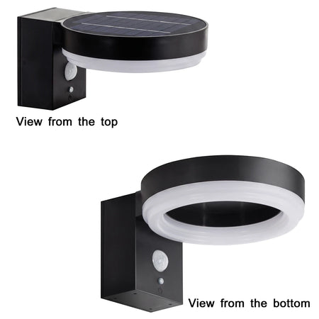 Matt black outdoor solar LED sensor wall lamp, shown from top and bottom views, featuring a circular light, solar panel, and