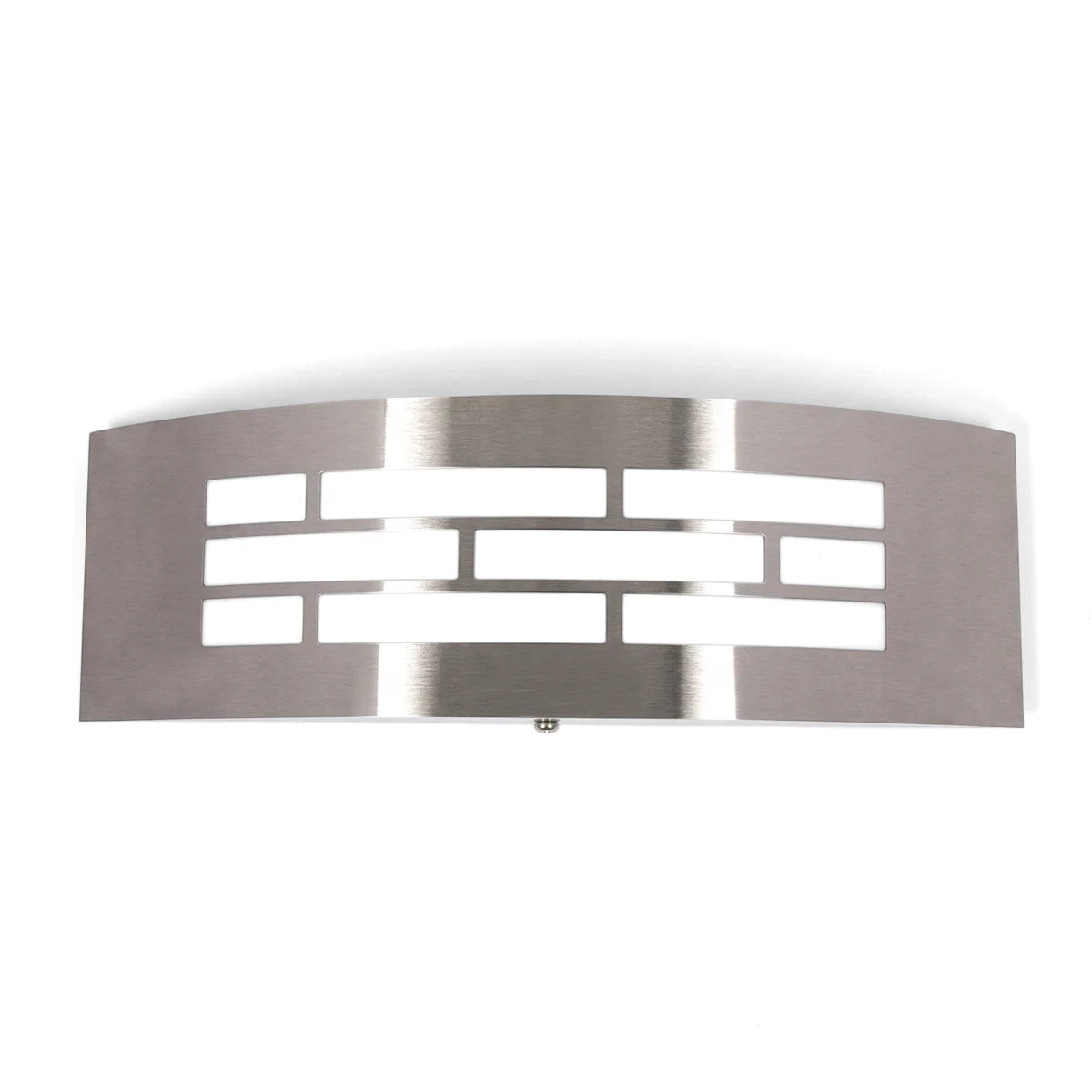 Outdoor stainless steel wall light with a curved design and polycarbonate cover, featuring rectangular light cutouts,