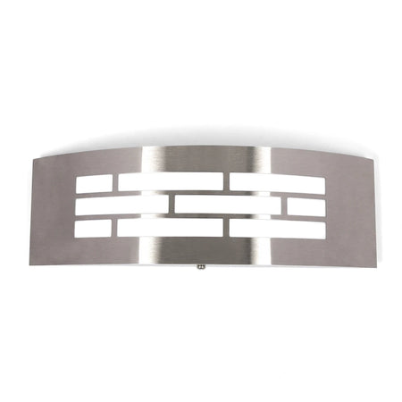 Outdoor stainless steel wall light with a curved design and polycarbonate cover, featuring rectangular light cutouts,