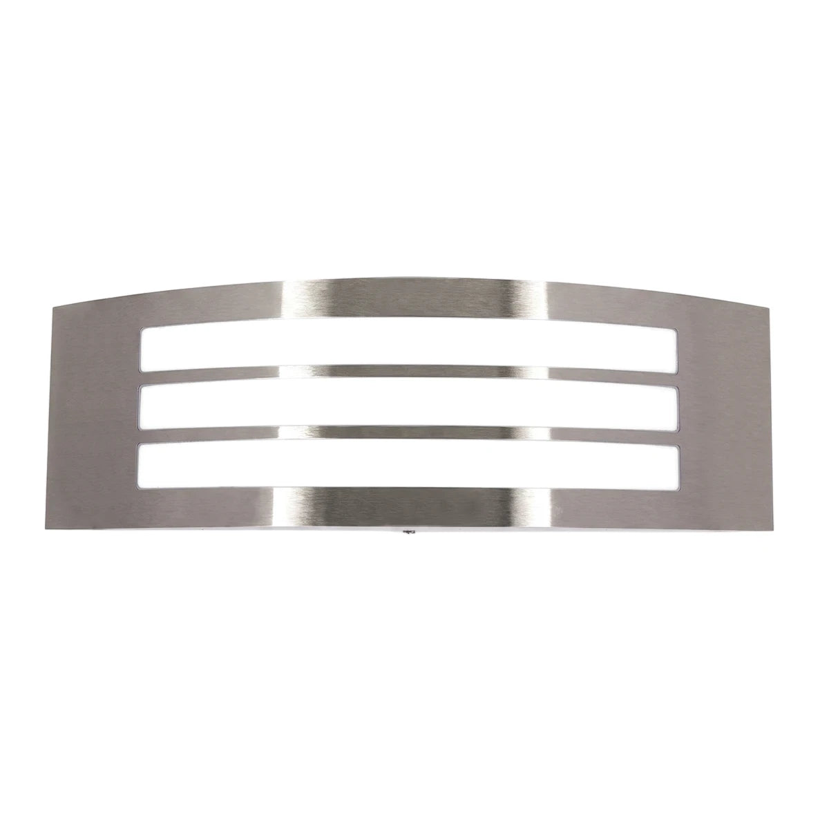 Outdoor stainless steel wall light with a curved design and three horizontal polycarbonate covers, providing modern