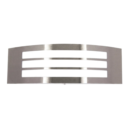 Outdoor stainless steel wall light with a curved design and three horizontal polycarbonate covers, providing modern