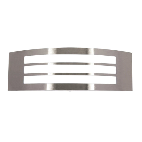 Outdoor stainless steel wall light with a curved design and three horizontal polycarbonate covers, providing modern