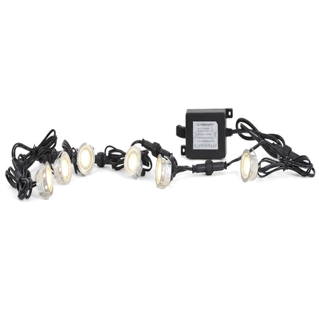 Outdoor white LED deck light string with stainless steel and polycarbonate housings, connected to a 1W power supply.