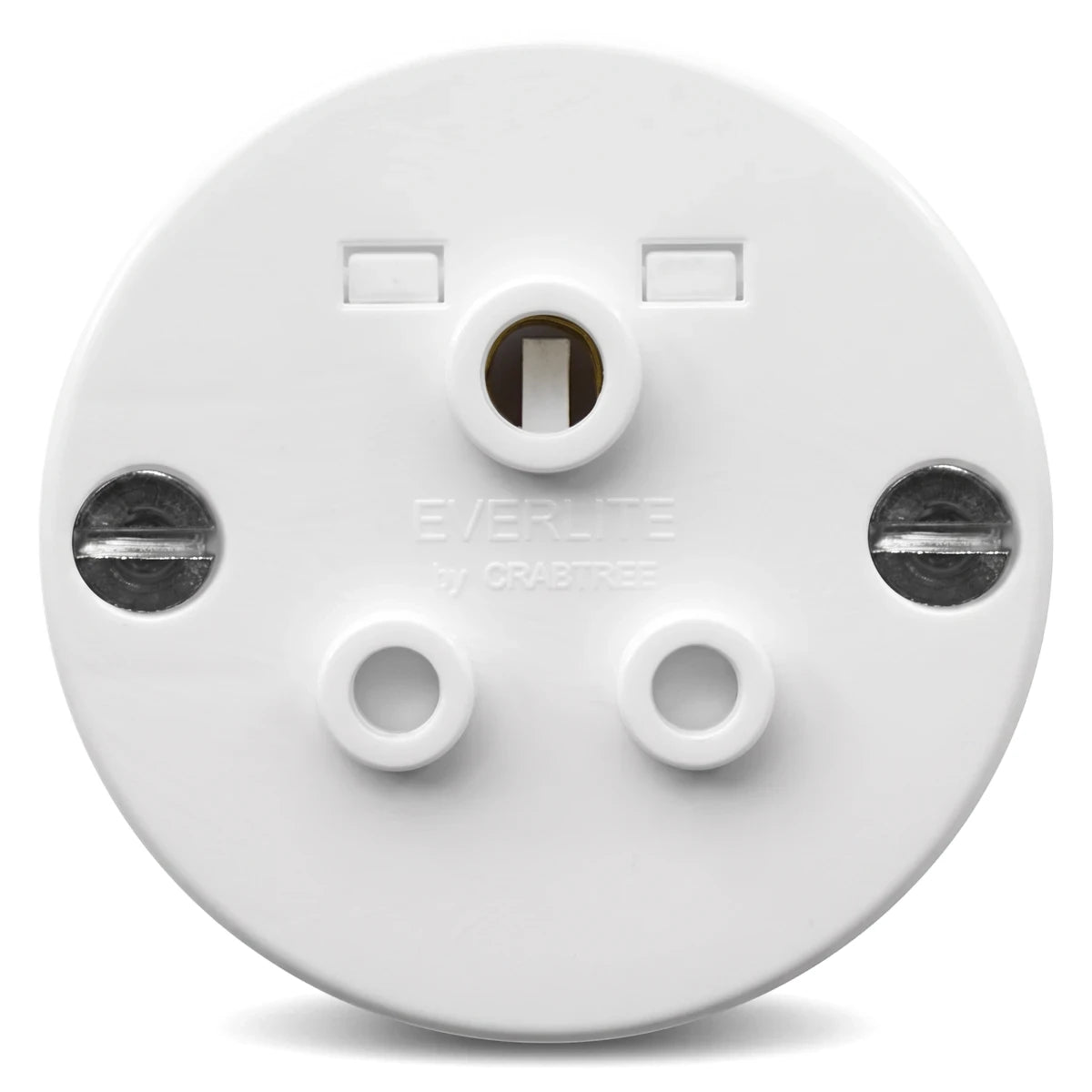 A single white circular 5A electrical socket outlet, shown from a front-facing perspective, featuring two screw terminals