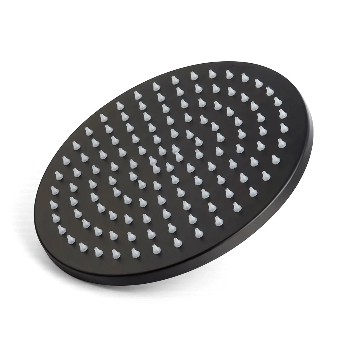 Matt black circular overhead showerhead with numerous white silicone nozzles, viewed from an elevated angle.