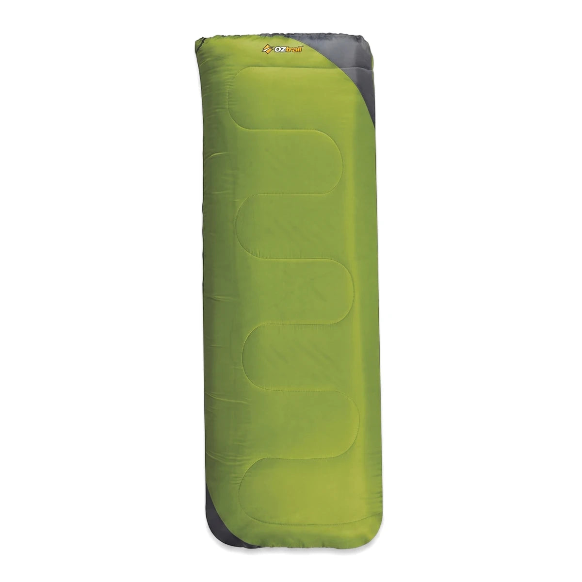 Green and grey Oztrail Sturt Camper Sleeping Bag (No Hood) with a quilted design, shown vertically.
