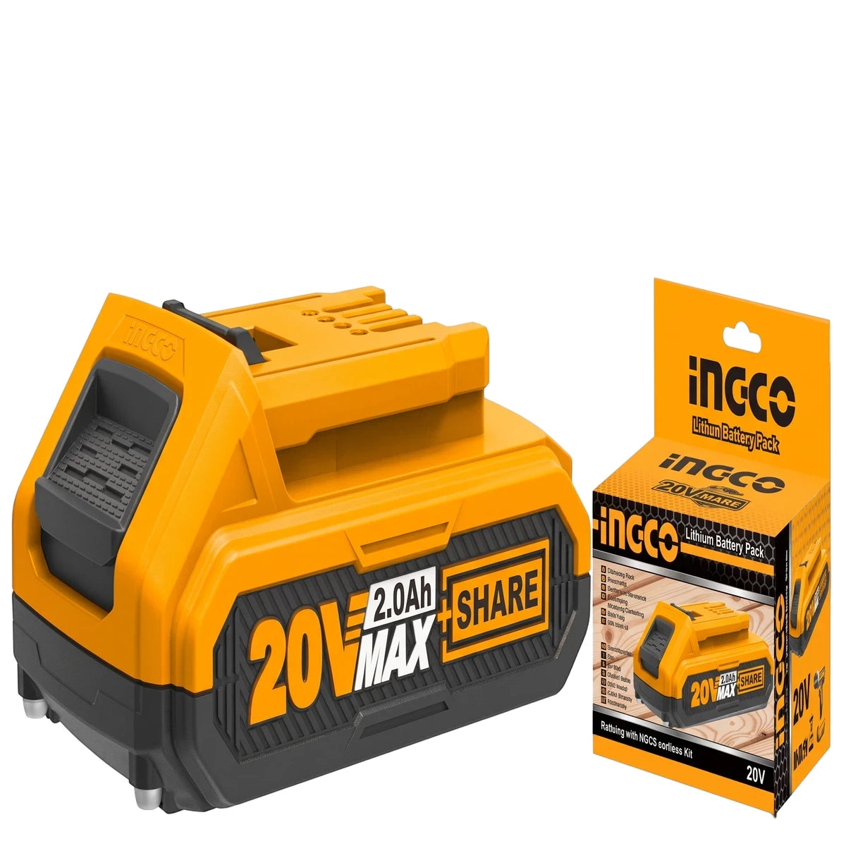 P20S 2.0Ah 20V MAX Lithium-Ion Battery Pack in yellow and black, shown with its product packaging.