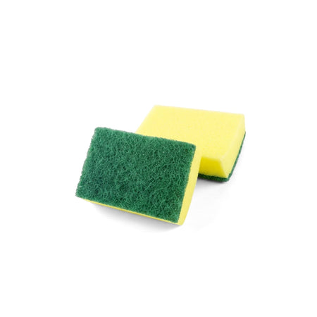 Two yellow and green kitchen sponges from a pack of 3, designed for dishwashing and cleaning tasks.