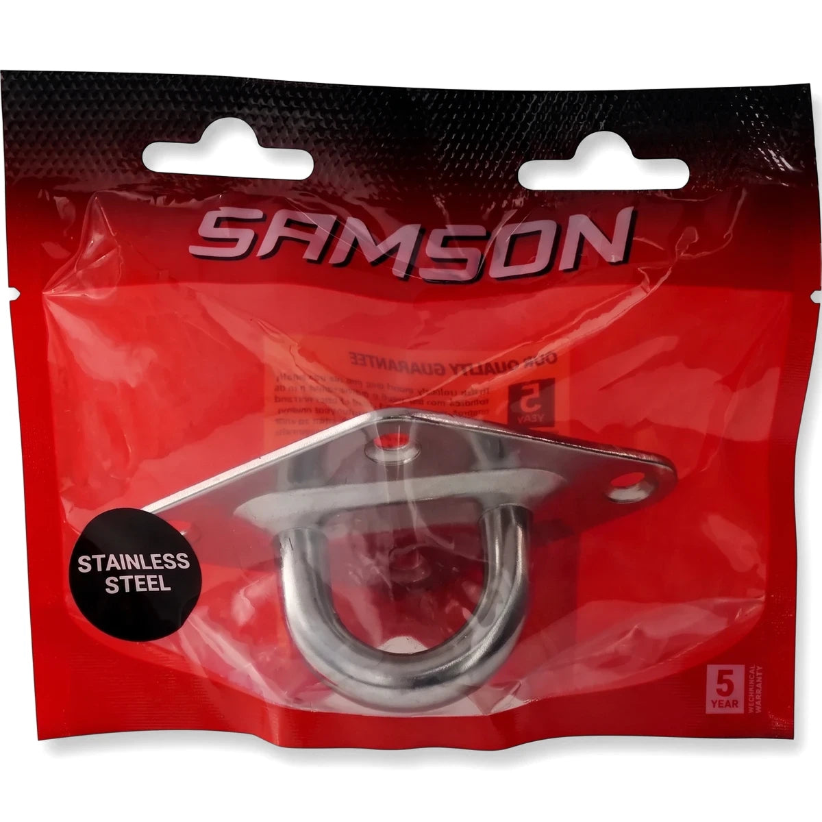 Stainless steel M10 pad eye in red Samson brand retail packaging, showing the durable metal hardware.