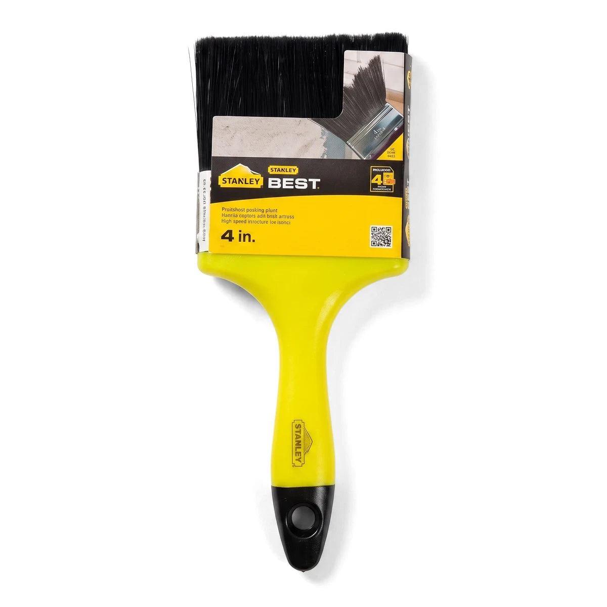 A yellow and black 100mm paint brush, still in its retail packaging, stands upright.
