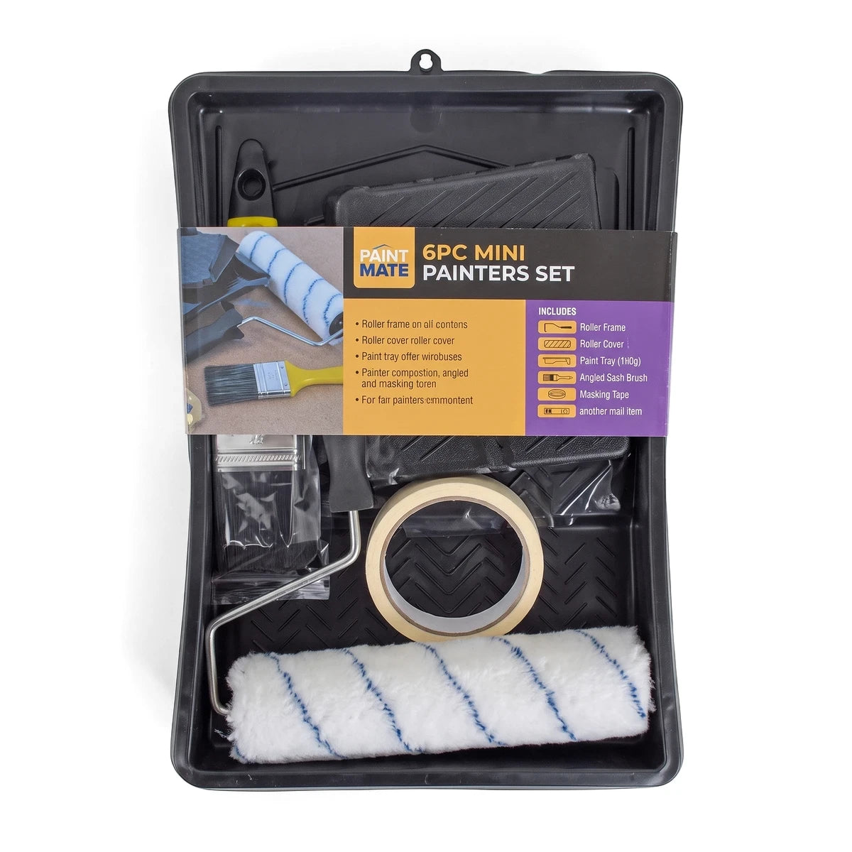 Black Paint Mate Combo Set 6Pc, an open kit showcasing a paint roller, brush, masking tape, and various painting tools for