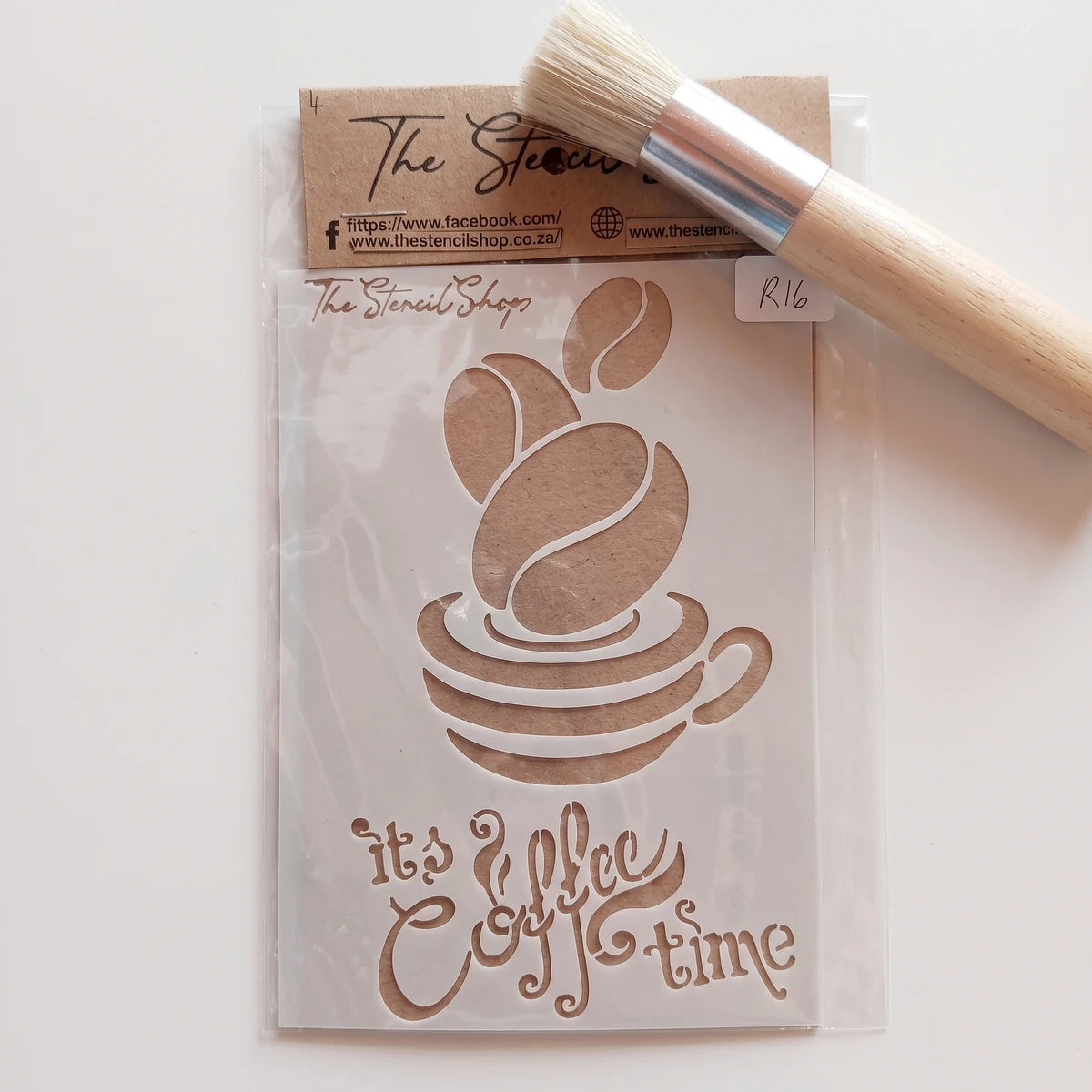 2022-A6-4 Paint Stencils kit featuring a coffee cup and beans design with 'it's coffee time' text, packaged with a stencil