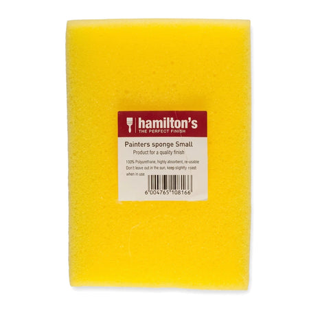 Small yellow rectangular Hamilton's painter's sponge made of foam with a visible brand label.