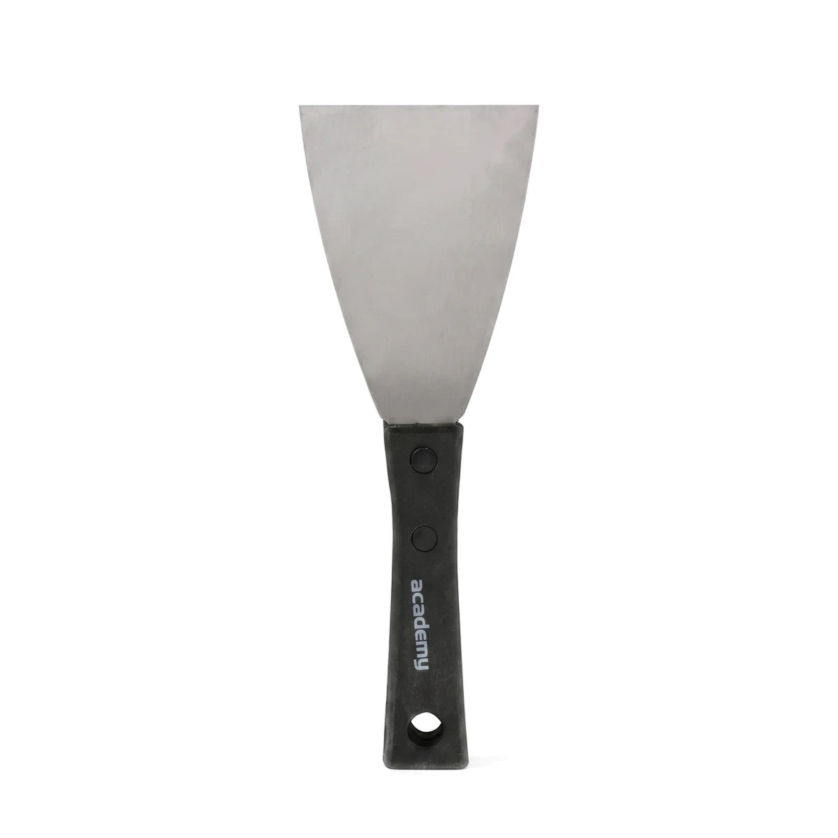 Painting 8cm scraper with a silver metal blade and black handle, featuring the 'academy' logo, shown vertically.